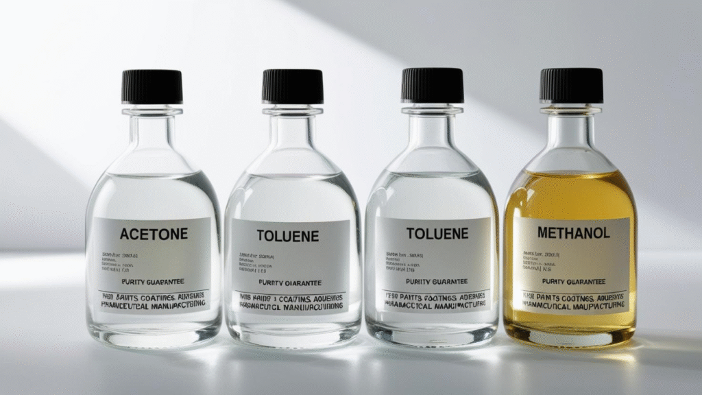 Solvents: Acetone, toluene, and methanol sourced with guaranteed purity for use in paints, coatings, adhesives, and pharmaceutical manufacturing.