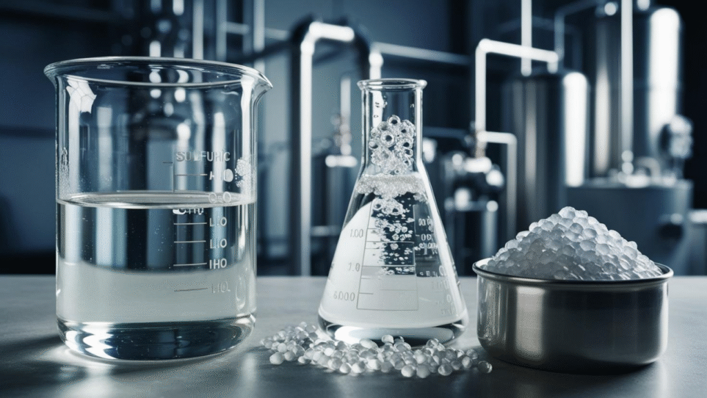 Acids and Alkalis: Industrial-grade sulfuric acid and hydrochloric acid for chemical processing, water treatment, and metal refining, alongside sodium hydroxide for soap making and paper production.